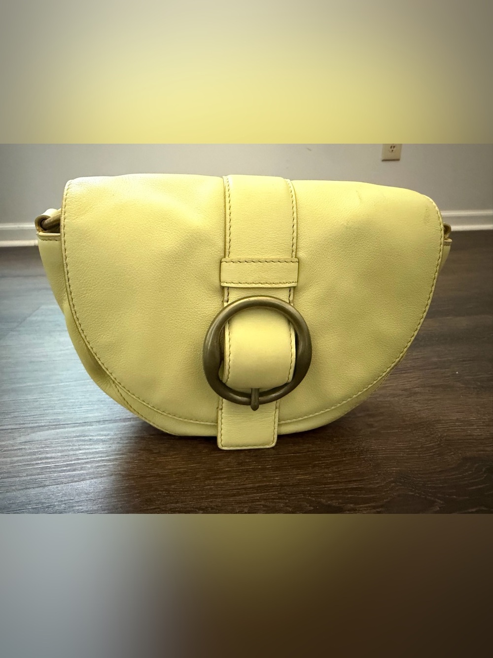 Lucky Brand Leather Saddle Crossbody Bag Pale Yellow Brass Buckle Flap
